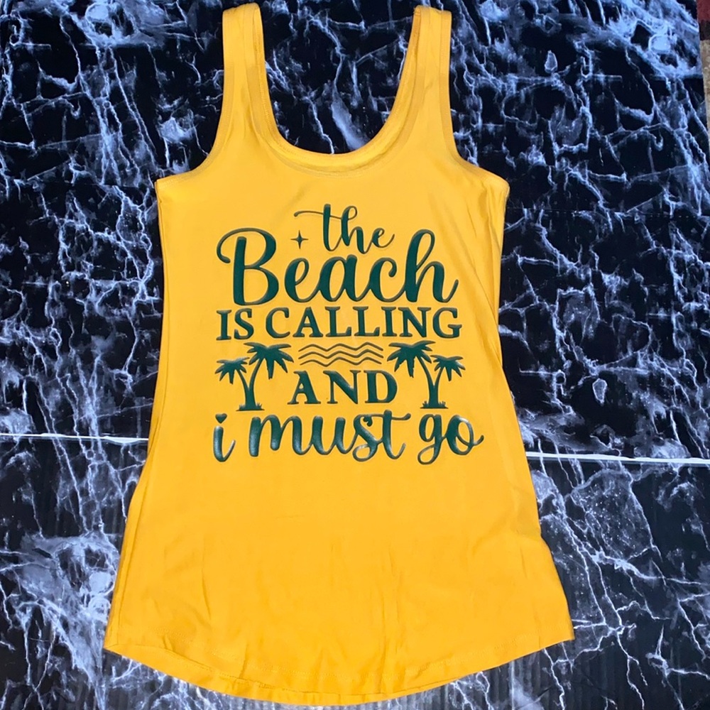 No Boundaries Mustard Yellow Tank Top with Blue Print